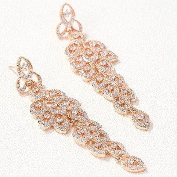 Chandelier Pave Leaves Rhinestone CZ Crystal Gold Earrings Bridal Formal New - Picture 3 of 6